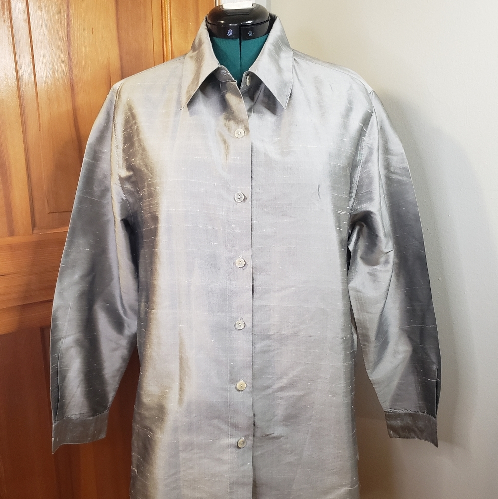 Silk Lore By Beth Terrell Silver Long Sleeved Button Up Shirt